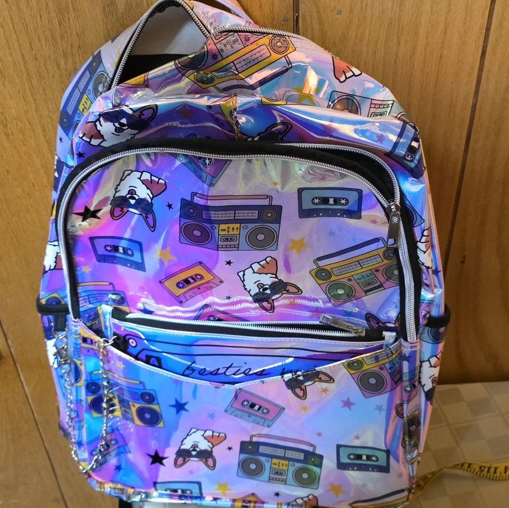 Holographic Dog & Boombox Backpack Detachable Pouch New Gift School Kids Learn